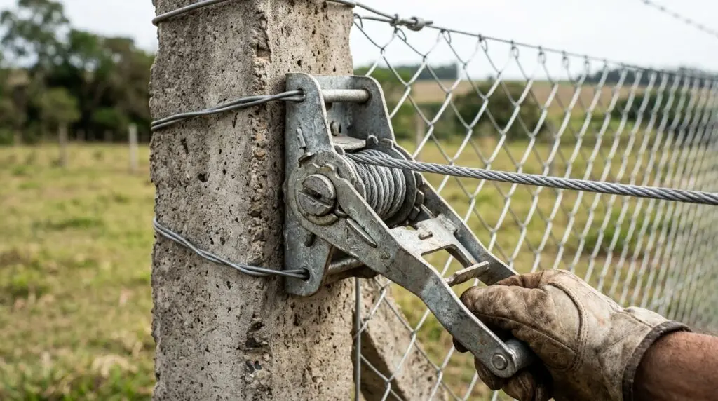 Catracas e esticadores de arame instalados em mourão de concreto para cerca de alambrado